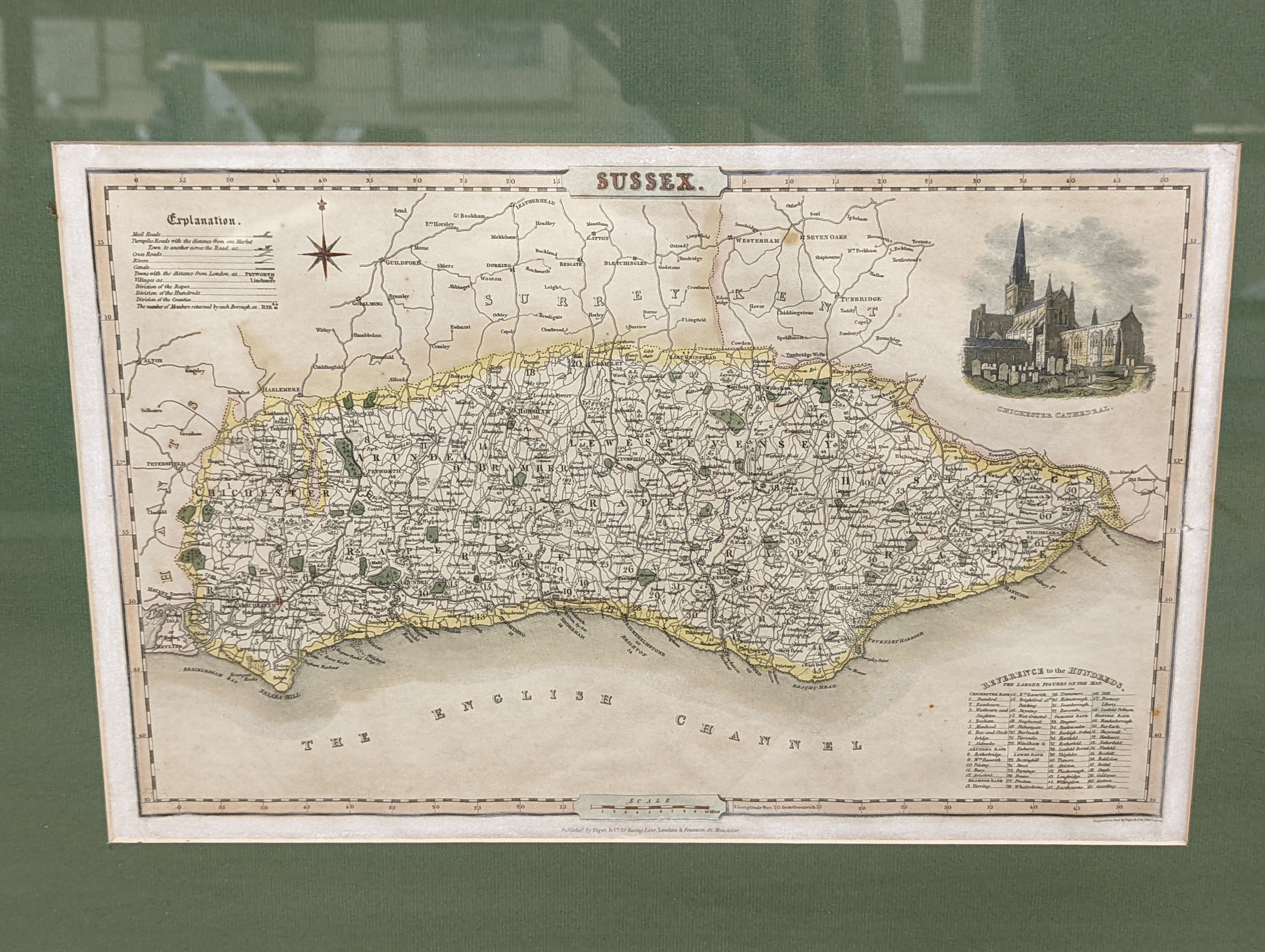 Three framed maps - The Borough of Lewes, with Cliff and Southover, from an actual survey, by J.Marchant, published by J.Baxter, Sussex published by Pigot & co and A Plan of the proposed Navigable Canal from Andover to R